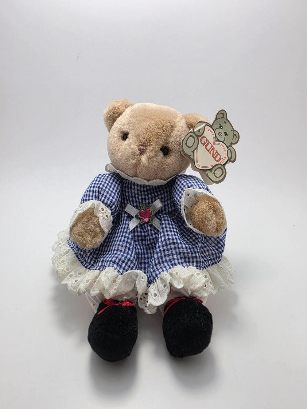 Vintage Gund Bear Plush Blue Plaid Dress Tinytales Stuffed Animal 1991 (7 inch)
